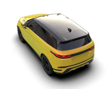 Beyaz arka planda sarı bir arabanın 3 boyutlu görüntüsü