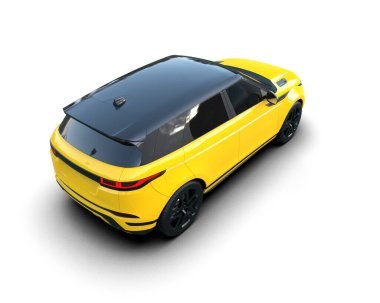 Beyaz arka planda sarı, modern bir araba. 3d oluşturma.