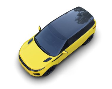 Beyaz arka planda sarı bir araba. 3d oluşturma
