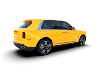 Beyaz arka planda gölgesi olan sarı lüks bir araba. 3d oluşturma