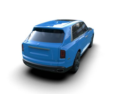 Beyaz arkaplanda 3D mavi araba görüntüleniyor