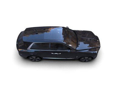 Beyaz arkaplanda siyah pankartı olan siyah bir araba - 3 boyutlu görüntüleme