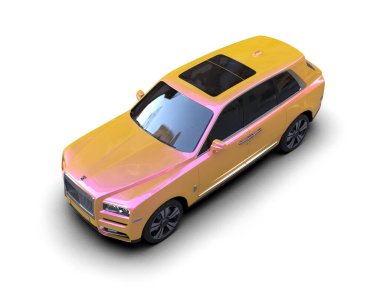 Beyaz arka planda modern şehir sarı arabası. 3d illüstrasyon.