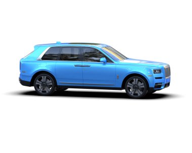 Mavi lüks araba. Beyaz arkaplanda 3 boyutlu görüntüleme.