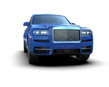 Beyaz arka planı ve mavi gökyüzü olan lüks mavi bir araba. 3d oluşturma