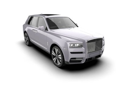 Beyaz stüdyo ortamında izole edilmiş lüks bir arabanın 3 boyutlu görüntüsü.