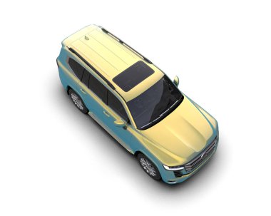 Beyaz arka planda sarı SUV, 3 boyutlu görüntüleme