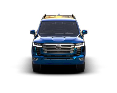 Beyaz stüdyo arka planında mavi bir kamyonun 3 boyutlu görüntüsü.