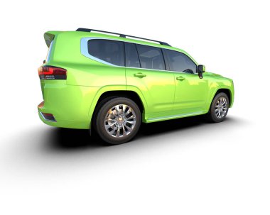 Yeşil kompakt araba. Arka manzaralı bir araba. 3d oluşturma