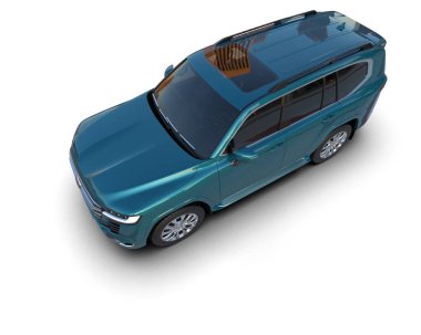 Küçük bir şehri olan mavi bir cip. 3d oluşturma.