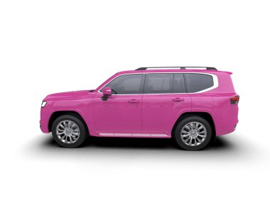 Beyaz arka planda pembe kompakt bir araba. 3d oluşturma