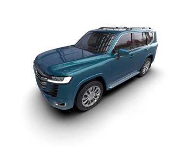 Öndeki bir SUV 'un 3 boyutlu görüntüsü beyaz arkaplanda izole edilmiş.