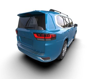 Beyaz arka planda mavi cam yüzeyi ve parlak bir yüzeyi olan modern bir araba. 3d oluşturma