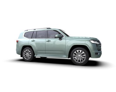 Yeşil ve siyah çizgili beyaz SUV, gölgeli beyaz arka planda izole edilmiş