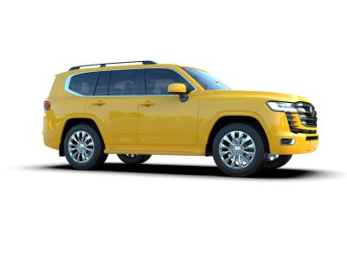 Beyaz arka planda gölgesi olan sarı lüks SUV. 3 Boyutlu Hazırlama