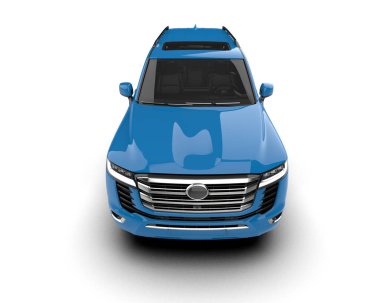 Mavi modern araba beyaz arka planda izole edilmiş. 3 boyutlu resimleme