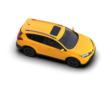 Beyaz arka planda, sarı şehirli modern şehir arabası. 3 boyutlu.