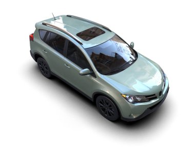 Beyaz arka planda modern bir araba. Camlı bir araba, gri arka planda çatısı var. 3d oluşturma.