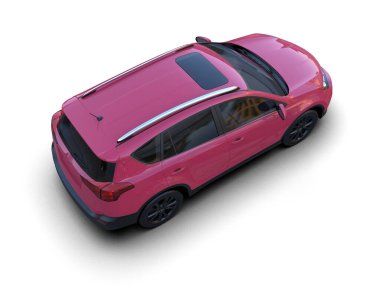 Pembe modern araba arka planda izole. 3D görüntüleme - illüstrasyon