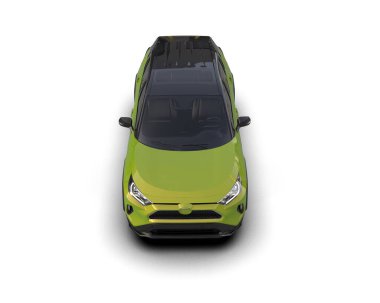 Elektrikçiler için yeşil, küçük, modern elektrikli bir araba, beyaz arkaplanının 3 boyutlu çizimi. Elektrikli bir araba için..
