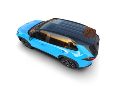 Beyaz yüzeyde modern şehir arabası. 3D görüntüleme - beyaz arkaplanda mavi gölgeli araba