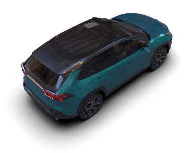 Beyaz stüdyo arka planında 3 boyutlu markasız bir SUV aracı görüntüsü.