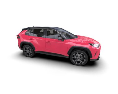 Pembe SUV arabası beyaz arka planda izole edilmiş. 3d oluşturma