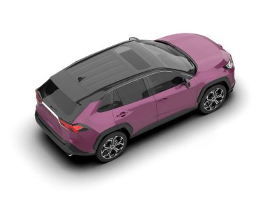 Beyaz arka planda beyaz perdeli pembe bir araba. 3 boyutlu resimleme