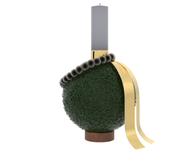 Altın kurdeleli noel süslemesi ve siyah bir arkaplanda 3 boyutlu fiyonk.