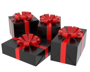 Beyaz arka planda şeritli siyah hediye kutuları. 3 Boyutlu Hazırlama.