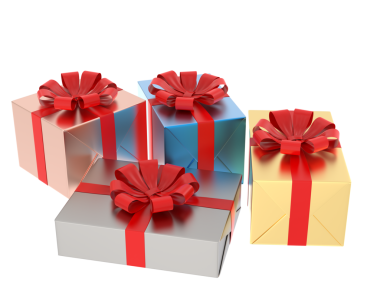 Siyah arkaplanda kırmızı kurdeleli bir hediye kutusunun 3 boyutlu görüntülenmesi