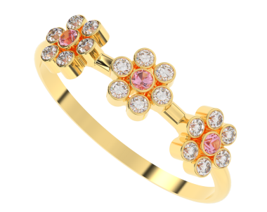 Üç boyutlu altın nişan yüzüğü ve çiçek süsü. Beyaz arka planda yansıması var.