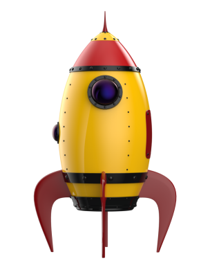 Sarı fütürist roket. Beyaz arkaplanda 3 boyutlu resimleme izole edildi