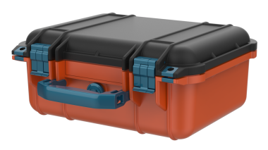 Kırmızı saplı siyah plastik bir kutunun 3 boyutlu çizimi