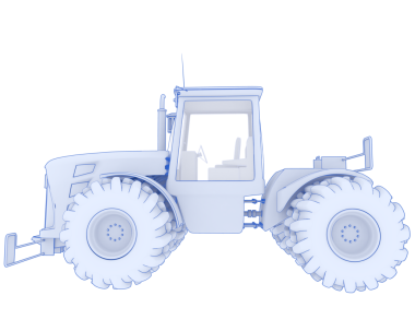 Beyaz arkaplanda 3 boyutlu beyaz traktör oluşturuluyor.