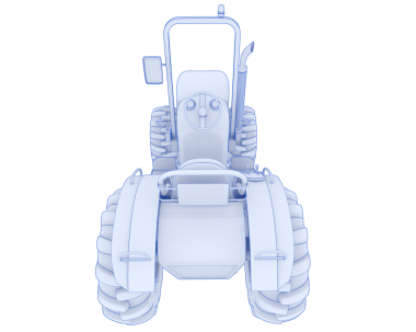 Mavi arkaplanda izole edilmiş beyaz bir traktörün 3 boyutlu görüntülemesi