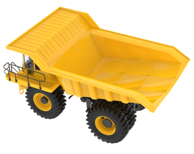 Beyaz arkaplanda izole edilmiş boş bir sarı damperli kamyonun 3 boyutlu görüntüsü