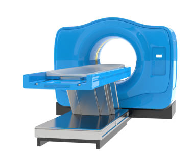 Modern tıbbi MRI makinesi. Beyaz arkaplanda 3 boyutlu resimleme izole edildi