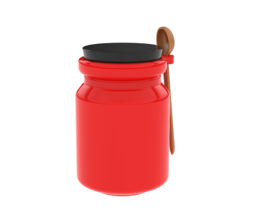 Beyaz üzerine kırmızı plastik kavanoz