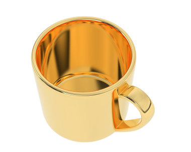 Beyaz arka planda izole edilmiş 3 boyutlu altın bir kahve fincanı.