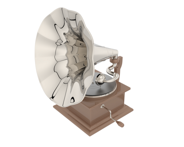 Siyah arkaplanda beyaz ve gri bir gramofonun üç boyutlu bir çizimi