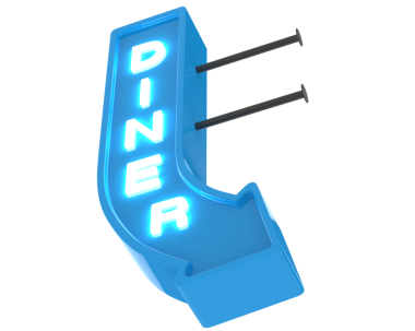 Çatal ve plakalı neon tabela. 3d oluşturma
