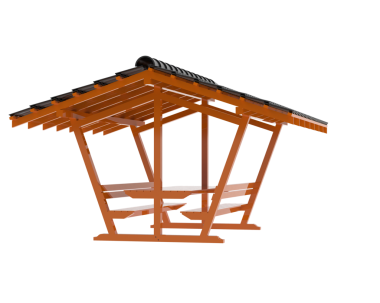 Beyaz arka planda izole edilmiş ahşap çatılı turuncu çardak.