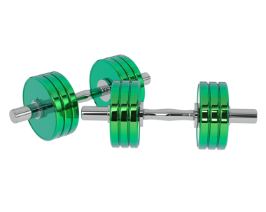 Yeşil ve mavi renkli halterler. Beyaz arkaplanda 3 boyutlu görüntüleme izole edildi