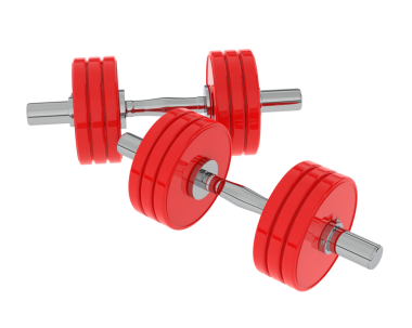 Dambıl ve kırmızı halterler beyaz arka planda izole edilmiş, 3 boyutlu.