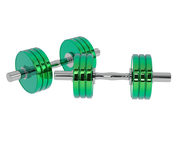 Yeşil ve mavi renkli halterler. Beyaz arkaplanda 3 boyutlu görüntüleme izole edildi