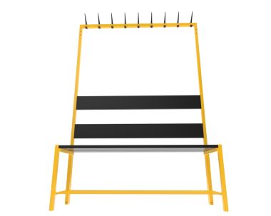 Siyah arka planda sarı merdiveni olan ahşap askı. 3d oluşturma