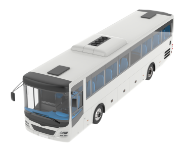 Beyaz arka planda izole edilmiş mavi bir yolcu otobüsünün 3 boyutlu görüntüsü