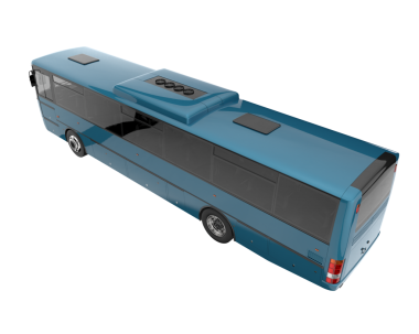 Beyaz arkaplanda izole edilmiş mavi bir yolcu otobüsünün 3 boyutlu görüntüsü