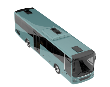 Stüdyoda izole edilmiş siyah bir arka planda mavi bir otobüsün 3 boyutlu görüntüsü.